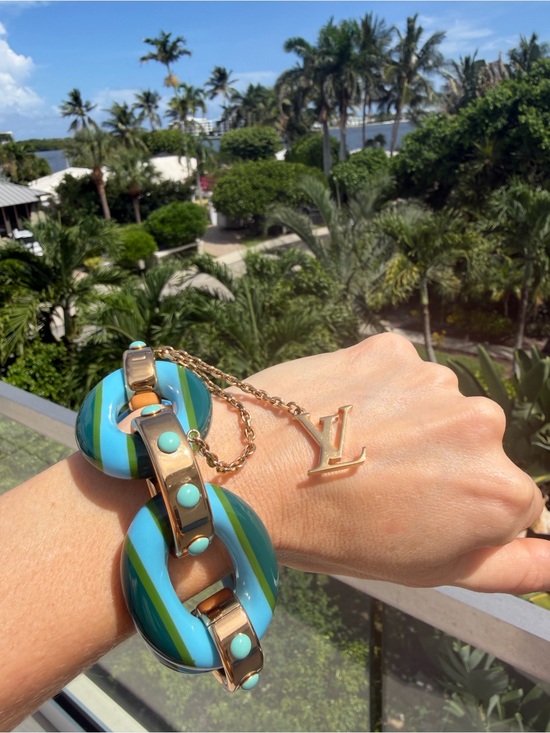 Louis Vuitton Jewelry - Louis Vuitton Blue and Turquoise Striped Resin Bracelet with Gold LV Charm